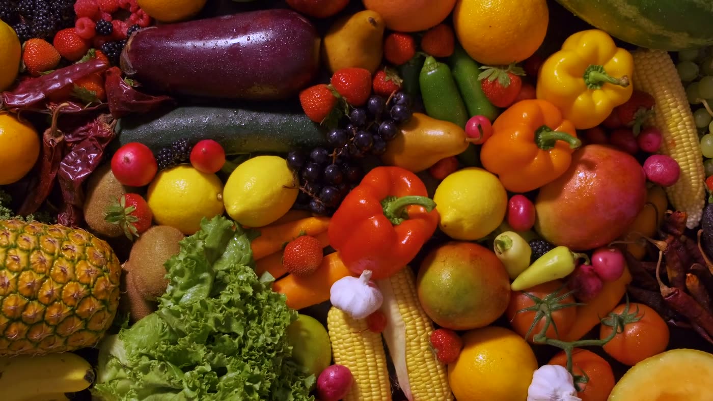 A colourful spread of fresh fruit and vegetables